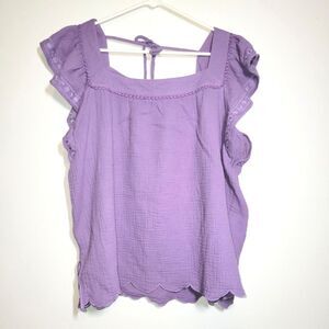 White Birch Purple Gauzy Ruffle Sleeve Scallop Top 1X